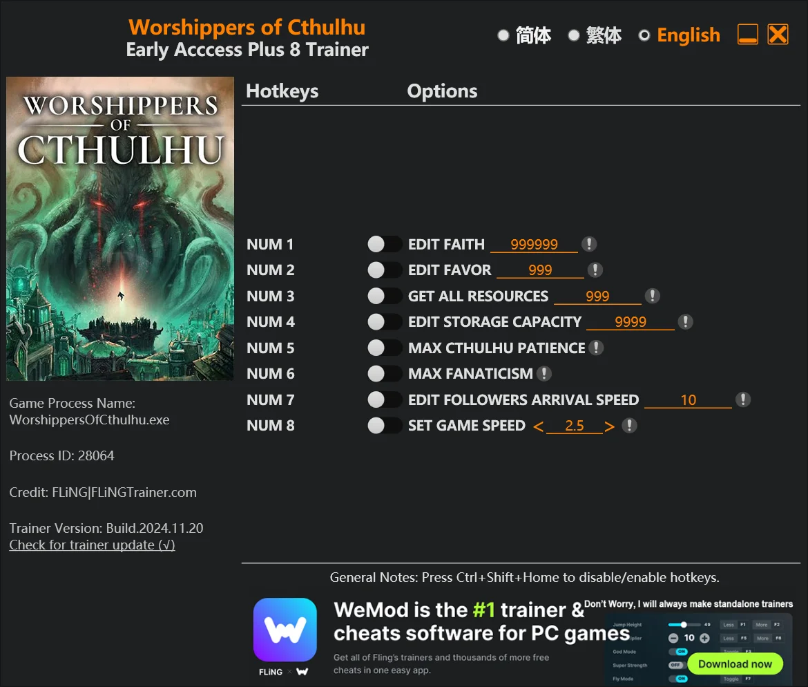 Worshippers of Cthulhu "Трейнер +8" [EA: 21.11.2024] {FLiNG}