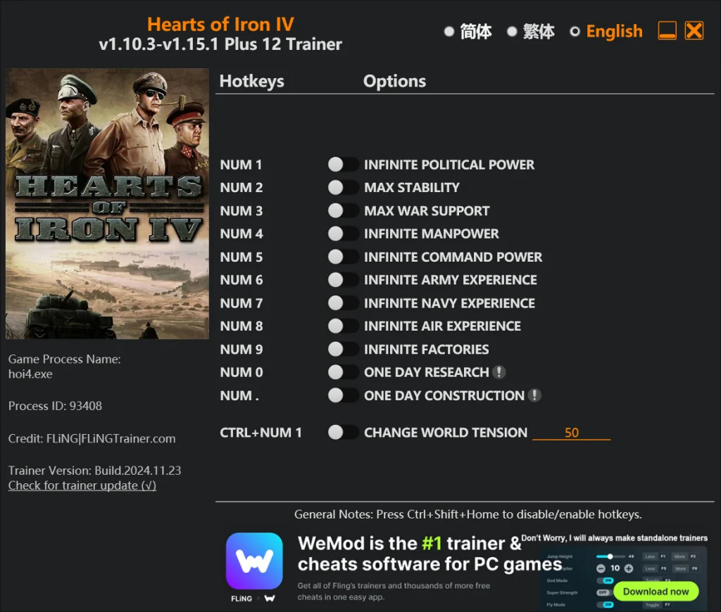 Hearts of Iron 4 "Трейнер +12" [1.10.3 - 1.15.1] {FLiNG}