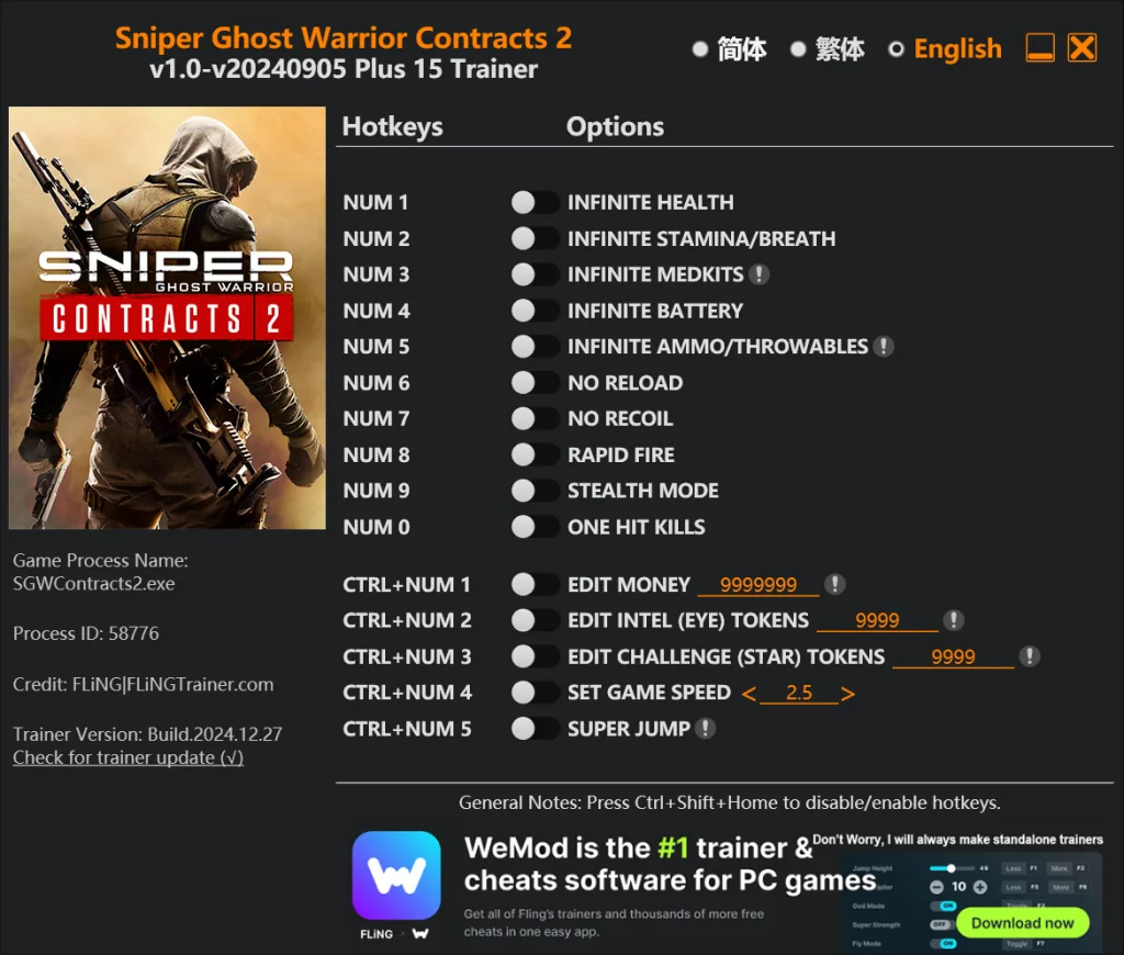 Sniper: Ghost Warrior Contracts 2 "Трейнер +15" [1.0 - UPD: 05.09.2024] {FLiNG}