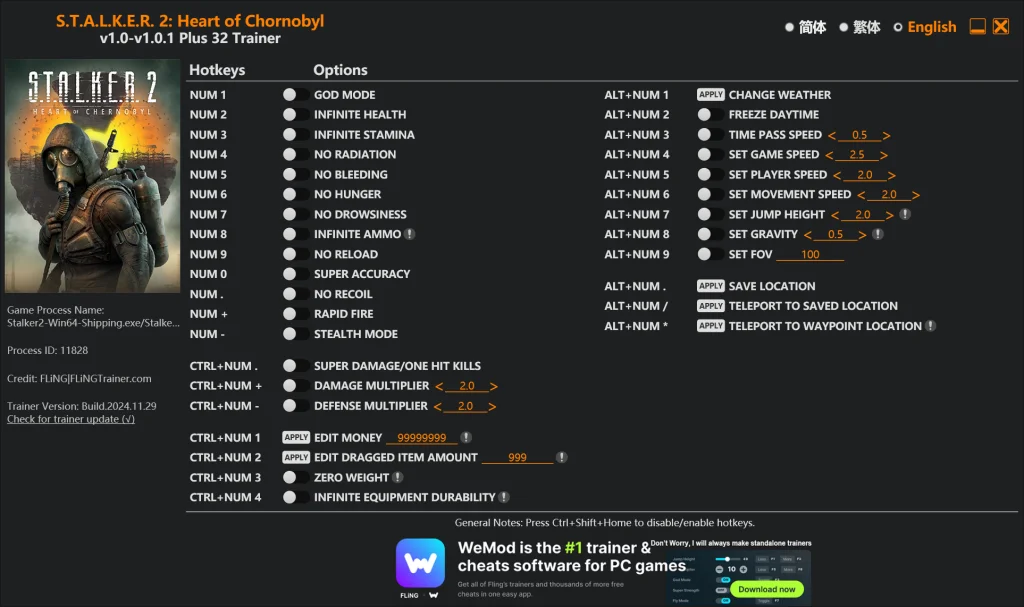 S.T.A.L.K.E.R. 2: Heart of Chornobyl "Трейнер +32" [1.0 - 1.2] {FLiNG}