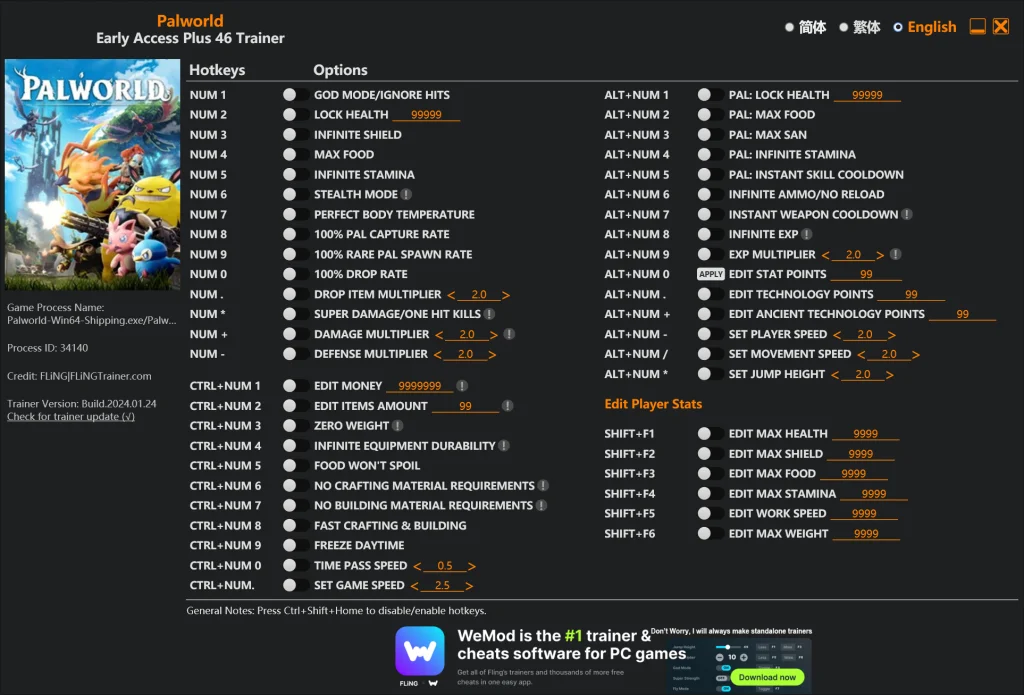 Palworld "Трейнер +46" [EA: 20.02.2025] {FLiNG}